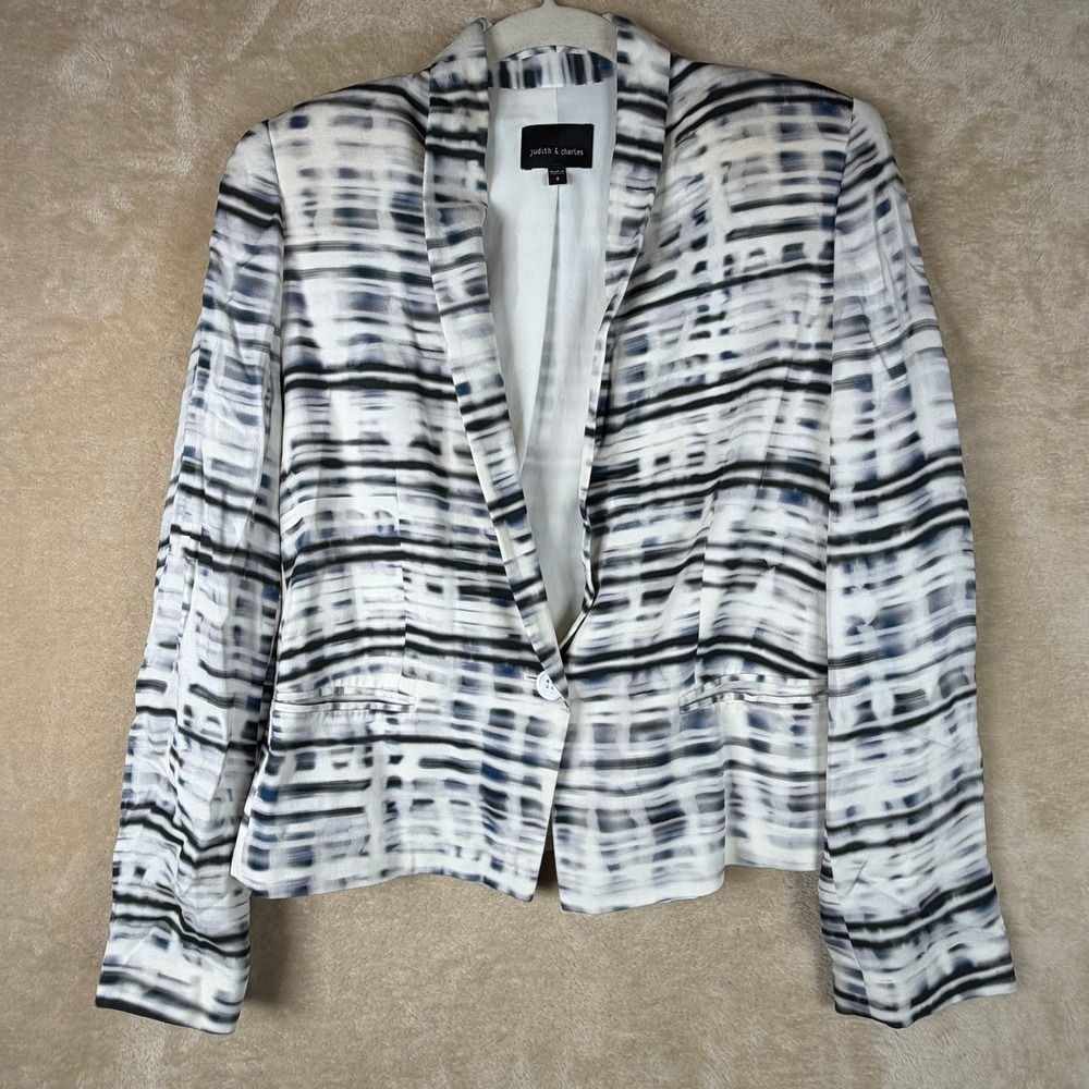 Judith & Charles Women Size 8 Blue Gray Black Abstract Stripe Viscose Blazer